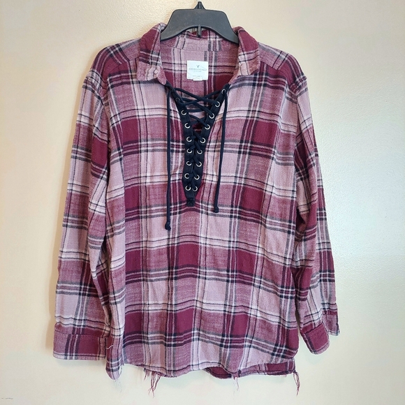 American Eagle Outfitters Tops - American Eagle Outfitters Burgundy Plaid Lace-Up Shirt Flannel XL Distressed